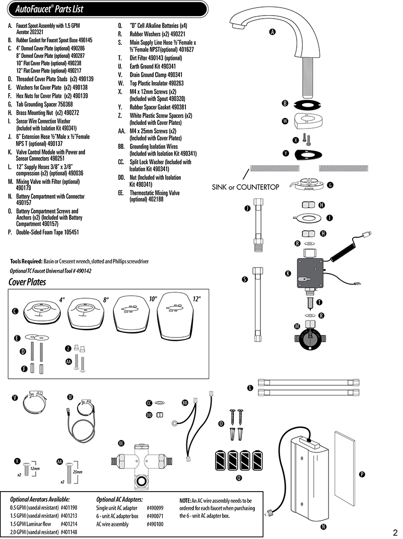 Technical Concepts TC AutoFaucet SST Parts List for Milano Automatic Faucets